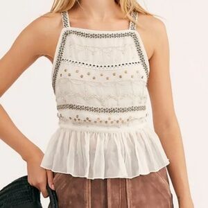 Free People Ivory Embellished Peplum Tank Top NWT Size Small Boho Festival